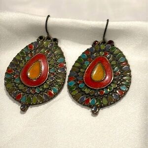 Metal colorful stone-center earrings.